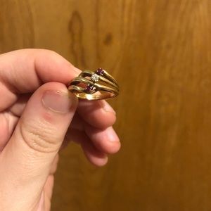 Vintage 14K Gold Ring Diamond and Two Rubies